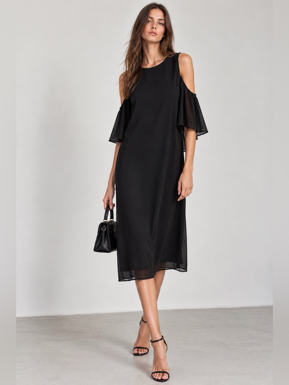 Zara Trafaluc Black Cold Shoulder Flutter Sleeve Midi Dress Size S